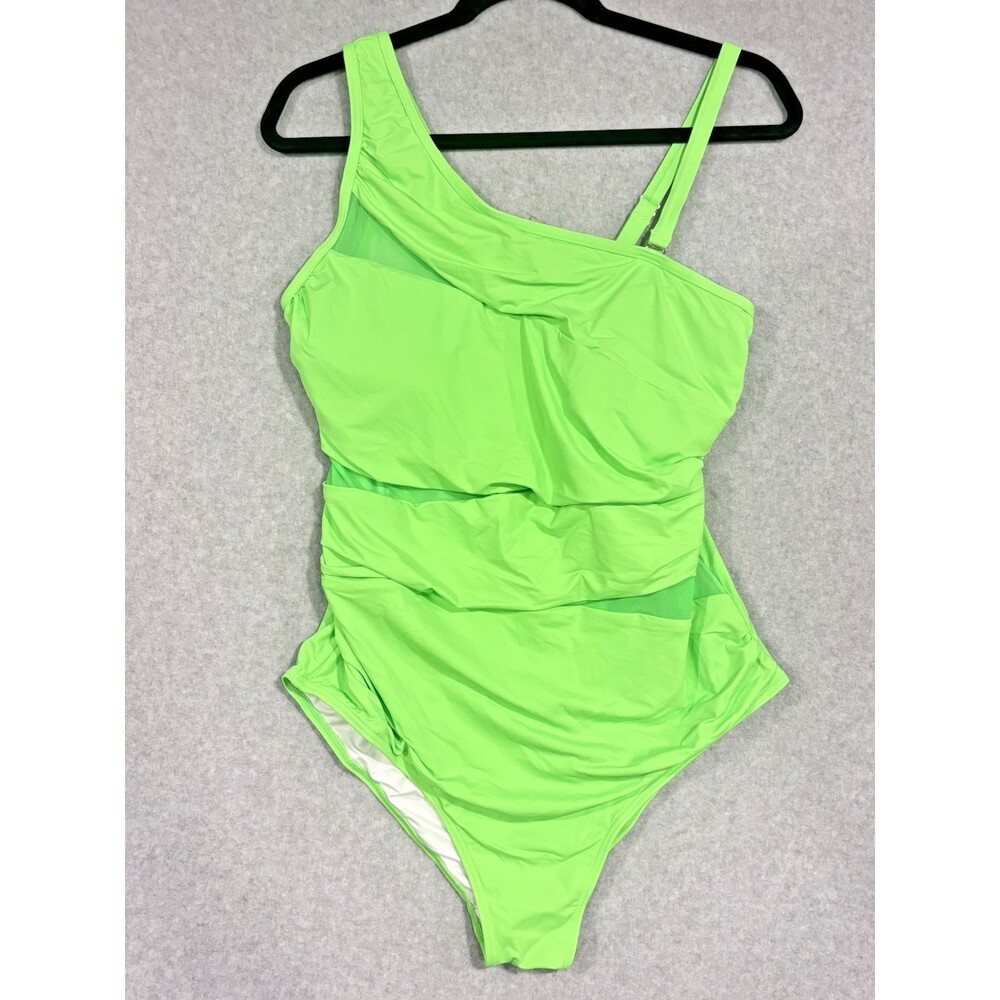 Aqua Eve Plus Sz One Shoulder Swimsuit Mesh Tummy Control Neon Lime Green Sz 16W